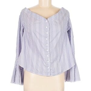 Free People Blue and White Striped Off-Shoulder Button Down Top